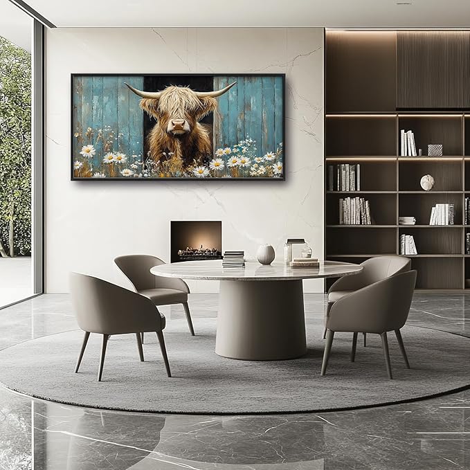 Large Farmhouse Highland Cow Country Wall Art for Living Room, Floral Canvas Oversized Wall Decor, Daisy Flower Animal Framed Pictures Painting Print Artwork for Bedroom Office 60"L x 30"W