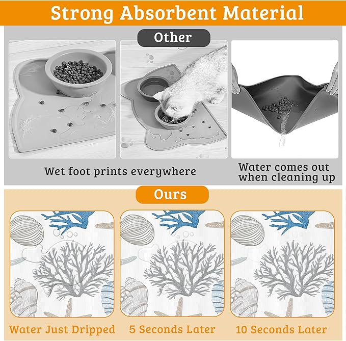 Seashell Beach Feeding Mat,Coral Starfish Absorbent Quick-Dry Cat Dog Food and Water Bowl Mats,Non-Slip Rubber Backing Mat,Cat Dog Accessories Supplies 16" x 24"