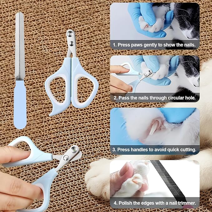 Cat Grooming Kit, 4-in-1 Cat Grooming Tools with Cats Brush, Flea Comb, Nail Clipper & Trimmer - Deshedding & Dematting for Pets Hair and Paws, Pet Shedding Set for Indoor Dogs & Cats (Blue)