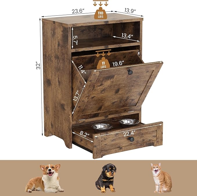 Dog Feeding Station,Dog Food Storage Cabinet, Large Pet Food Organizer Furniture,Dog Food Storage And Feeding Station With Pull-Out Elevated 2 Sus304 Dog Bowl For Feeding & Watering Supplies, Brown