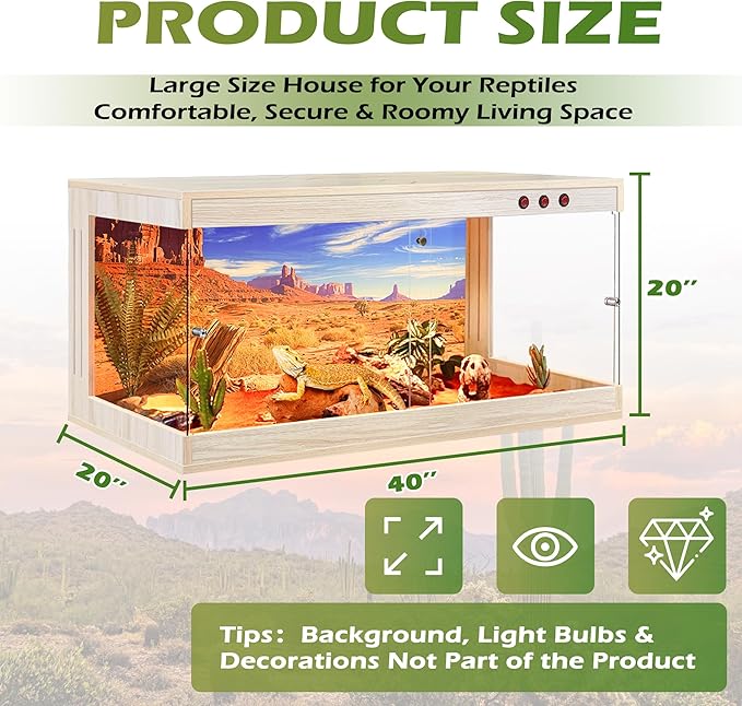 Royxen Tempered Glass Reptile Enclosure,Reptile Tank with Wooden Mesh Top and Lockable Design,61 Gallon Bearded Dragon Tank for Lizard Gecko Tortoise Snake Habitat,40" x 20" x 20",Oak
