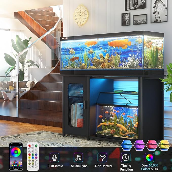 55-75 Gallon Fish Tank Stand with Power Outlets & LED Light, Reversible Heavy Duty Metal Aquarium Stand with Cabinet for Fish Tank Accessories Storage, Turtle/Reptile Terrariums, Black