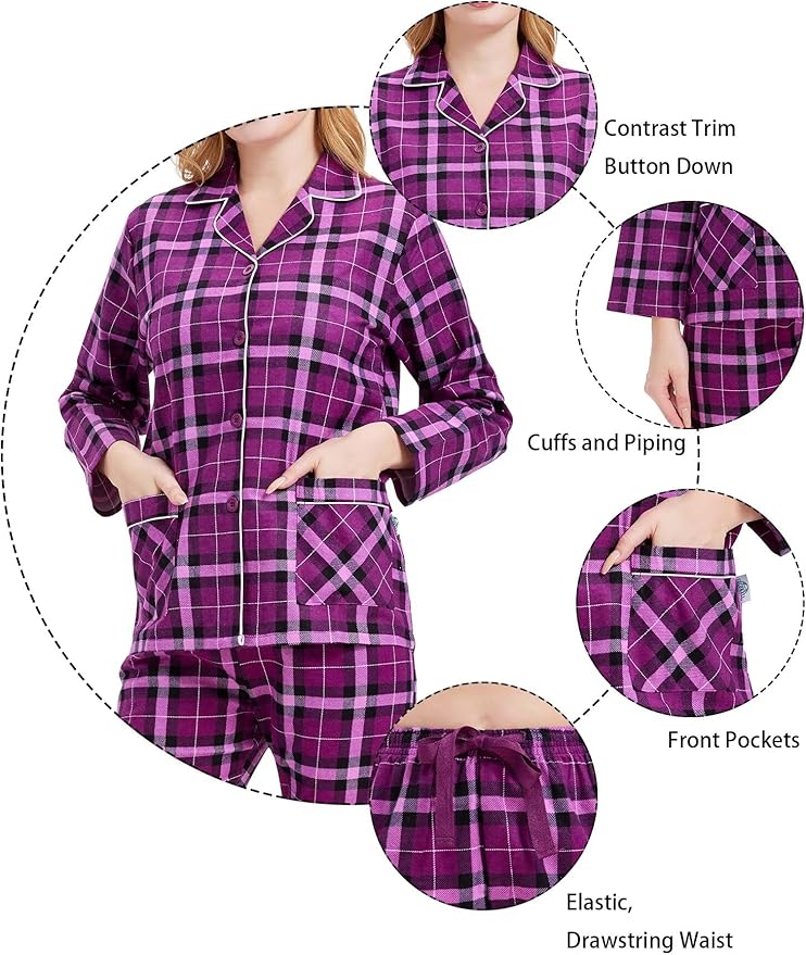 GLOBAL Flannel Pajamas for Women 2-Piece Comfy and Cozy Flannel Pj Set Cotton Loungwear
