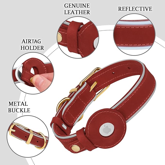 OOPSDOGGY Reflective Geniune Leather Airtag Dog Collar Soft Padded Collars for Small Medium Large Breed Dogs Puppy, 4 Sizes, 7 Colors (Red, Medium, 12"-15")