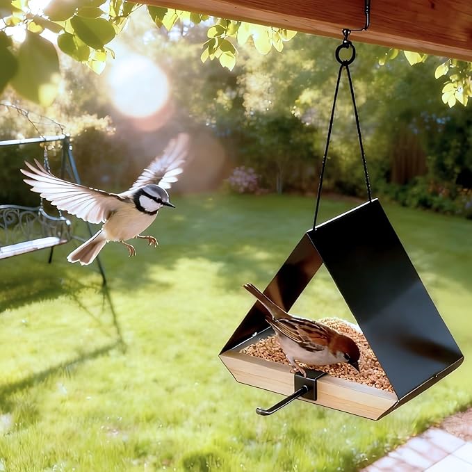 HOSUN Black Sturdy Metal Roof Bird Feeder - Durable Outdoor Hanging, Easy to Clean, Metal Mesh Ventilated, Bird Watching Gift & Garden Decor for Cardinals, Bluebirds & Wild Birds