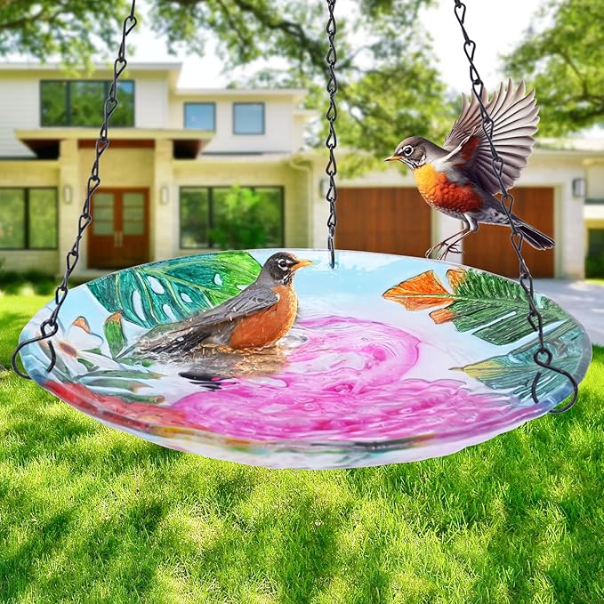VCUTEKA Glass Hanging Bird Bath for Outdoors, BirdBaths with 21-Inch Rust-Proof Chain, Garden Yard Decor, Flamingo Pattern