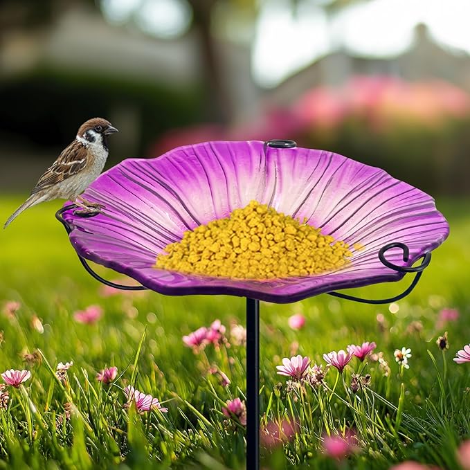 HONGLAND 29 Inch Height Bird Baths for Outdoors, Glass Birdbaths Outdoor Birdfeeder Flower Pattern with Metal Stake-Purple