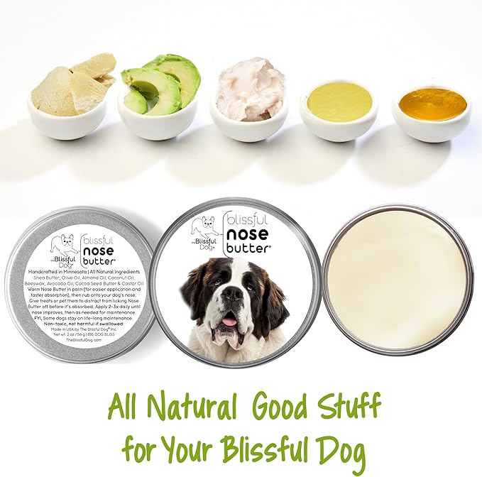The Blissful Dog St. Bernard Nose Butter for Dry, Cracked Skin, Lick-Safe Dog Nose Balm with Moisturizing Shea Butter, Almond, Olive, and Essential Oils, Pet Supplies, Uncented, 8 oz.