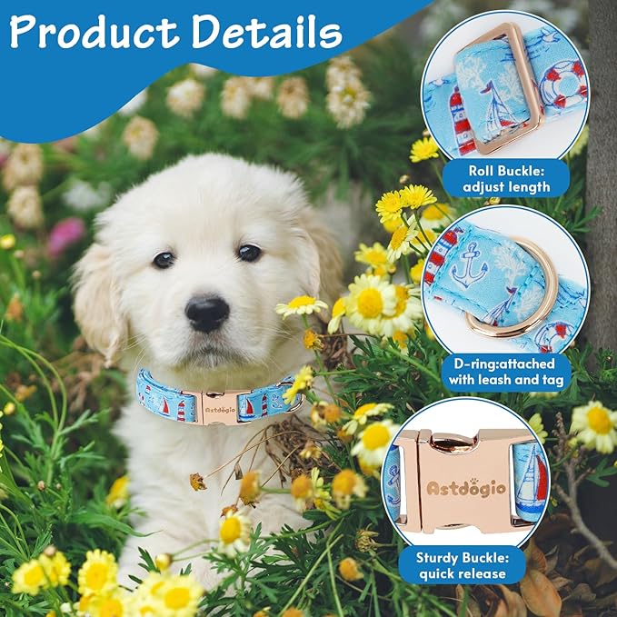 Nautical Themed Dog Collar，Handmade Cotton Puppy Collar with Sailboats，Seagulls Parttern, Adjustable Colllar for Small Medium Large Dogs, Perfect for Daily Walks, Photos，Beach & Vacation-M