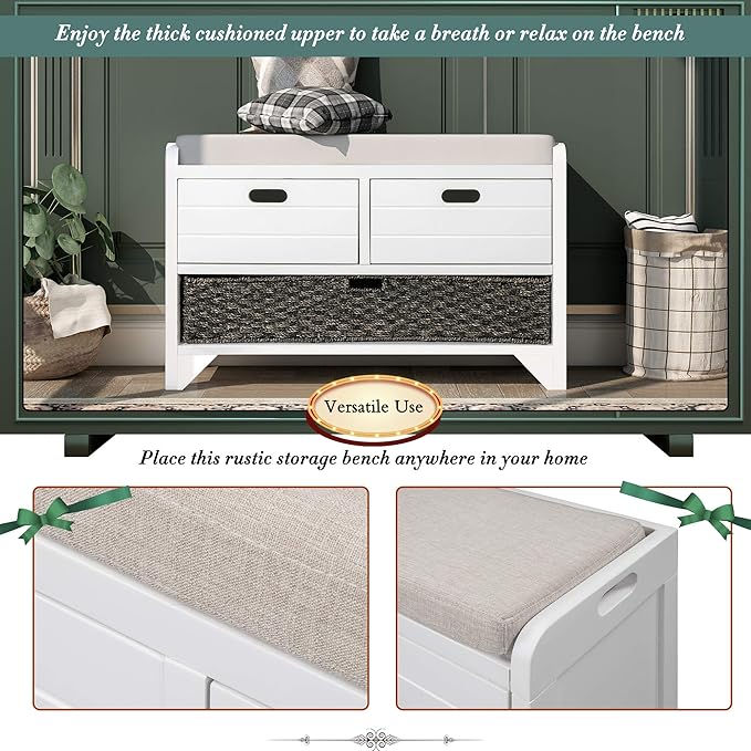 Storage Bench Removable Basket 2 Drawers Fully Assembled Acacia Wood Shoe Bench Standing Shoe Rack Removable Cushion for Living Room, Entrance Hallway, No Assembly Required White
