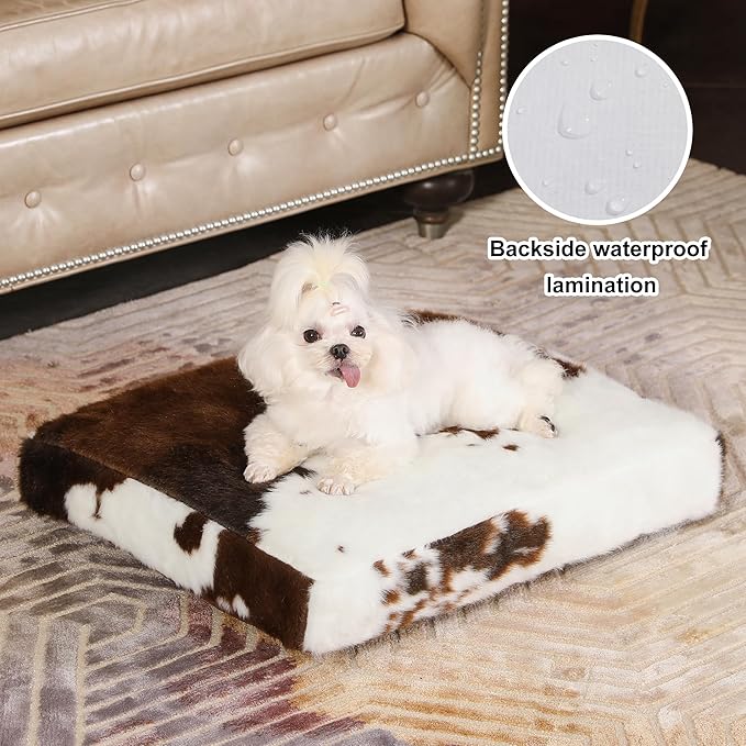 Bedfolks Waterproof Crate Bed, Plush Dog Kennel Pad with Removable Washable Cover, Faux Fur for Small Dogs & Cats, 21"x13", Cow Print