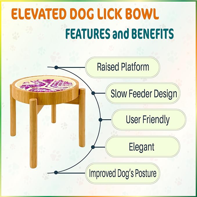 Raised Slow Feeder, Licking Mat/Pad - Suitable for Wet and Dry Dog Foods, Butter and Spreads - 10-inch High with Stand, 8.6-inch, Detachable Parts - Bamboo