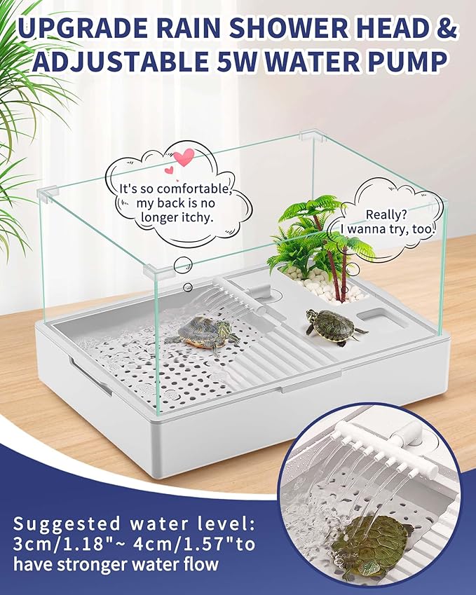 Small Turtle Tank (Tank + Water Pump), Acrylic Turtle Tank Starter Kit with Upgrade Rain Shower Head, Adjustable 5W Water Pump, Higher Fences and Multi-Function Areas. (S)