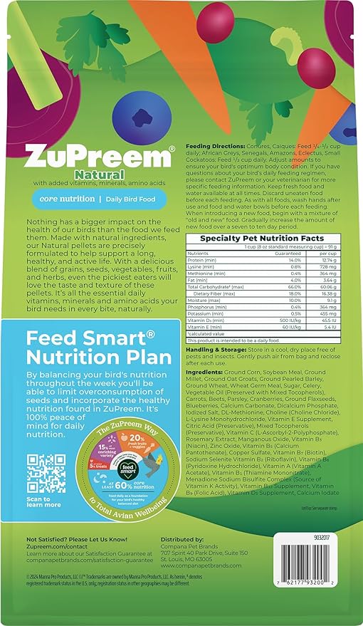 ZuPreem Smart Selects Daily Bird Food for Parrot, Conure, Caique, African Grey, Eclectus, Small Cockatoo, Bird Pellets and Seed Blend, Nutrition for Medium Large Birds, Parrot Food (ML, 4 lbs)