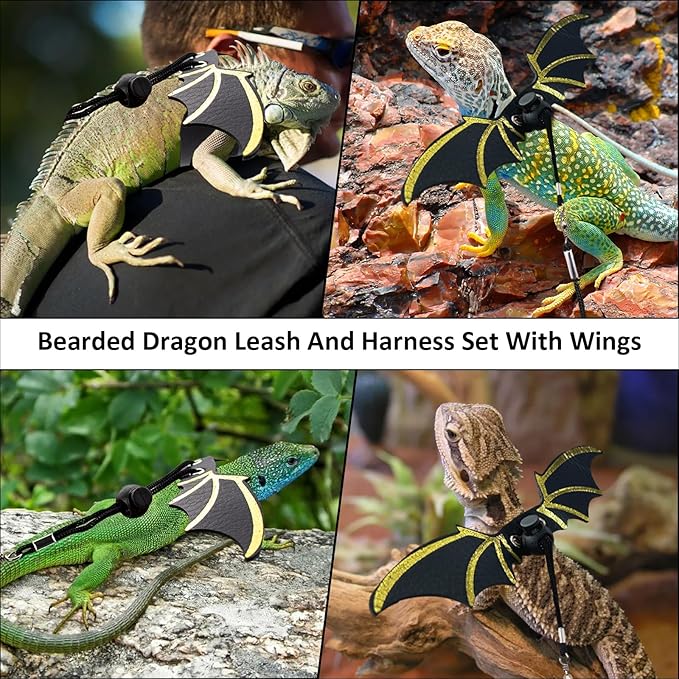Bearded Dragon Leash and Harness Set, Bearded Dragon Accessories(Include Leopard Print Chest Pack, Lizard Clothing＆Leash, Small Straw Hat), Beardeds Dragon Decor Suit for Outdoor Travel