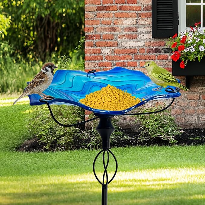 HONGLAND 32 Inch Height Bird Baths for Outdoors, Glass Birdbaths Outdoor Birdfeeder with Metal Stake Garden Yard (Blue)