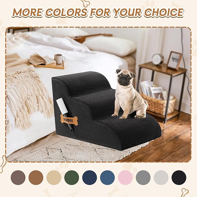 Romrol Dog Stairs Ramp for Beds Couches, Extra Wide Pet Steps with Durable Non-Slip Waterproof Fabric Cover, Dog Slope Stairs for Small Dogs and Cats or Pets Friendly, 3-Tiers, 13 Inch,Black