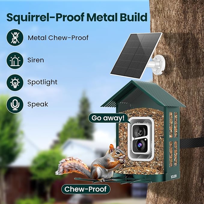 SOLIOM Solar Bird Feeder with Camera for Outdoors - Durable Metal AI Smart Birdhouse, 2K Live View & Instant Alerts, Squirrel Proof - Ideal Bird Watching Gift (Green)