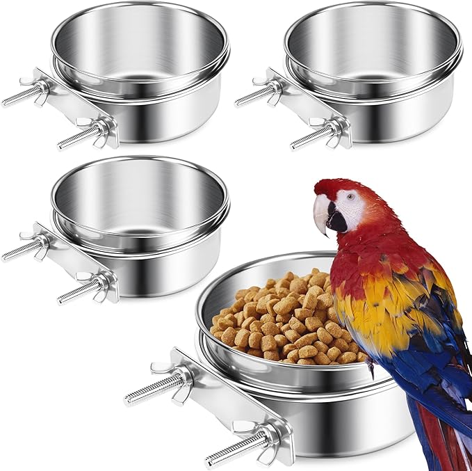 ToLanbbt 4 Pcs Stainless Steel Bird Food Bowls Water with Double Screws and Clamp Holders, Parrot Feeding Dish Cups Parrot Cage Coop Feeders for Cockatiel Conure Budgie Parakeet Macaw Small Animal, M
