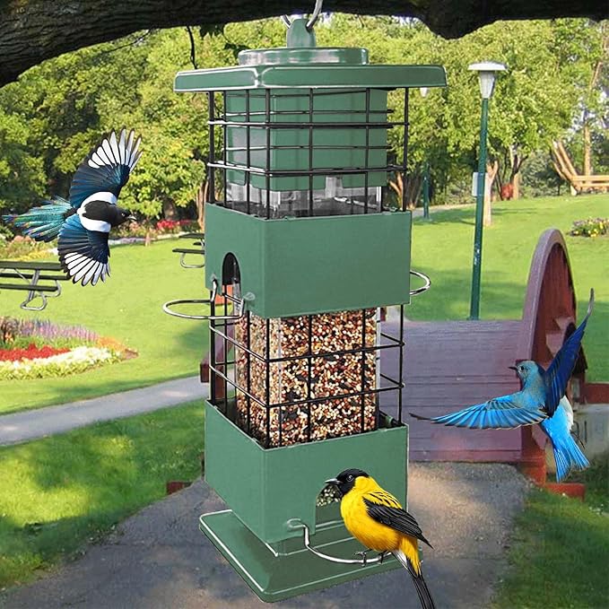 Squirrel Proof Bird Feeder, Metal Bird Feeders for Outdoors, 3Lbs Birdfeeder Outside Hanging, Weight Activated Spring, 4 Feeding Ports, Cardinals, Finches & Sparrows, Wild Birds (Green)