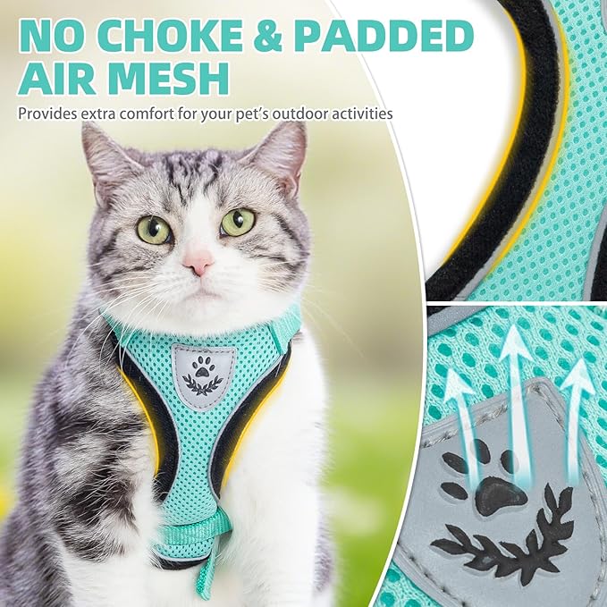 PUPTECK Cat Harness and Leash Set Escape Proof Reflective Cat Walking Harness Adjustable Soft Breathable Mesh Vest for Small Pets, Aquamarine, M
