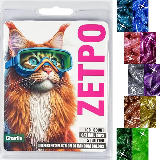 zetpo Cat Nail Caps | Cat Claw Covers | with Adhesives and Applicators (L, 5X Glitter Random Colors | 100 pcs)