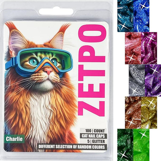 zetpo Cat Nail Caps | Cat Claw Covers | with Adhesives and Applicators (L, 5X Glitter Random Colors | 100 pcs)