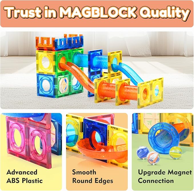 MAGBLOCK 85Pcs Marble Run Magnetic Tiles Toy Building Blocks STEM Educational Child Brain Development Kit Magnet Construction Toys for Boys Girls Kids Age 5 6 7+ Years Old