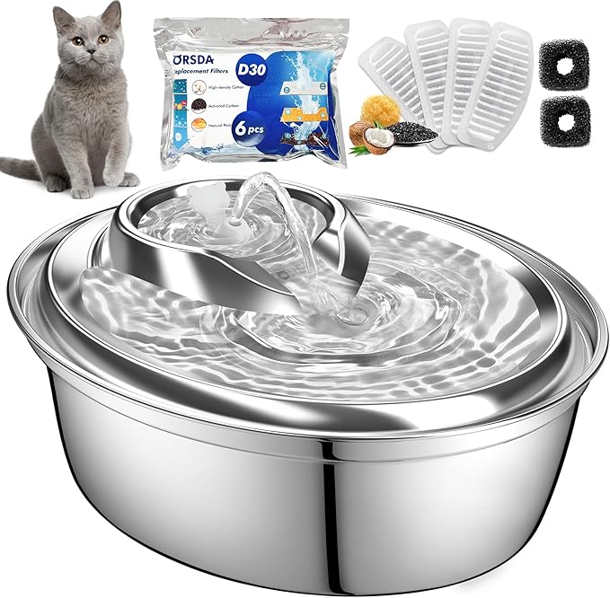 ORSDA Cat Water Fountain Stainless Steel, 2L Pet Fountain for Cats Inside, Dog Water Dispenser, Automatic Cat Drinking Fountains with 6 Replacement Filters for Cats, Small Dogs