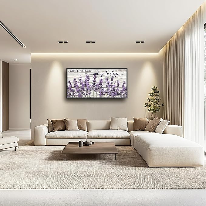 Large Lavender Wall Art for Living Room, Framed Oversized Rustic Floral Wall Decor Christian Give It To God Canvas Painting Modern Artwork for Living Room Bathroom Bedroom Office Dining Room 60"x30"