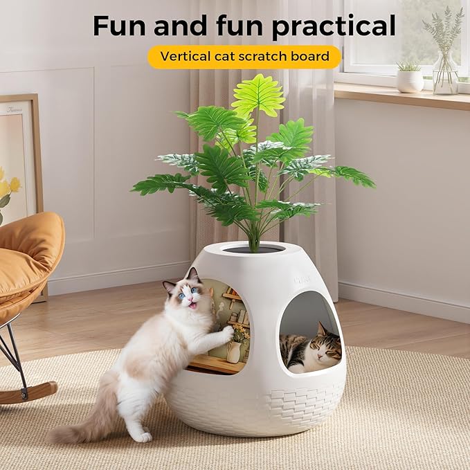 Copod8 Cat Cave, 3-in-1 Kitty House Condo with Plant, Cat Cushioned Bed, Cat Scratchers, Modern Cat Pet Furniture for Indoor, Kitty Hiding Spot (White, M)
