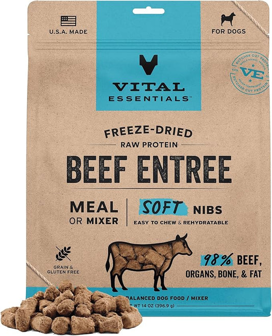 Vital Essentials Freeze-Dried Raw Beef Meal or Mixer Dog Food Soft Nibs | 98% Beef, Organs & Bone | 14 oz