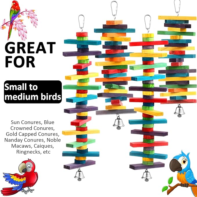 4 Pcs Bird Parrot Toys with Multicolored Natural Wood Blocks, Bird Chew Toys for Large Medium Parrots Macaws Lovebirds Doves Cockatiels Conures Parakeets Chewing Biting Foraging, 2 Designs