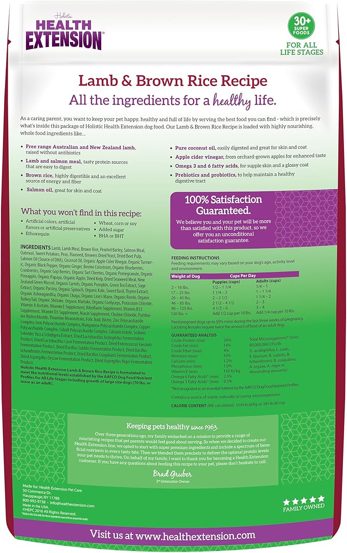 Health Extension Lamb & Brown Rice Dry Dog Food, Protein Packed Formula with Probiotics & Superfoods for Digestion & Coat Health (4lb)