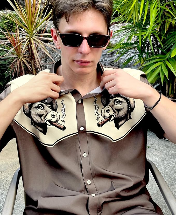 Men’s Hawaiian Shirt Western Cowboy Symmetrical Print Short Sleeve Button Down Casual Beach Holiday Summer Shirt