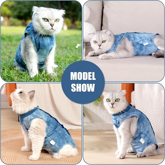 Cat Recovery Suit for Male and Female Surgical Post Surgery Soft Cone Onesie Tie Dye Cats Shirt Clothes Neuter Licking Protective Diapers Outfit Cover Kitten Spay Collar Alternative(Navy Blue, S)