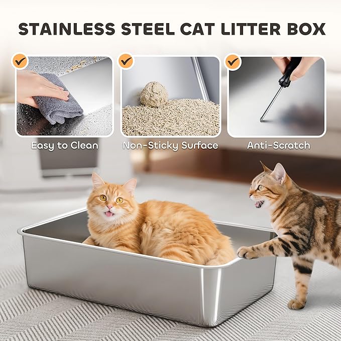 PawHut XL Stainless Steel Litter Box with Lid, Extra Large Top & Side Entry Enclosed Litter Box for Big Cats with 100° Flip Top, Scoop, Step, Odor Free, Easy Cleaning, Non-Sticky, Anti Leakage