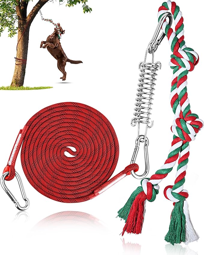 Petbobi Bungee Dog Toy, Outdoor Dog Tug Toy for Pitbull Interactive Exercise, Spring Pole Tug-of-War Toy with Durable Rope, Hanging Toy for Large Dogs to Reduce Boredom, Red