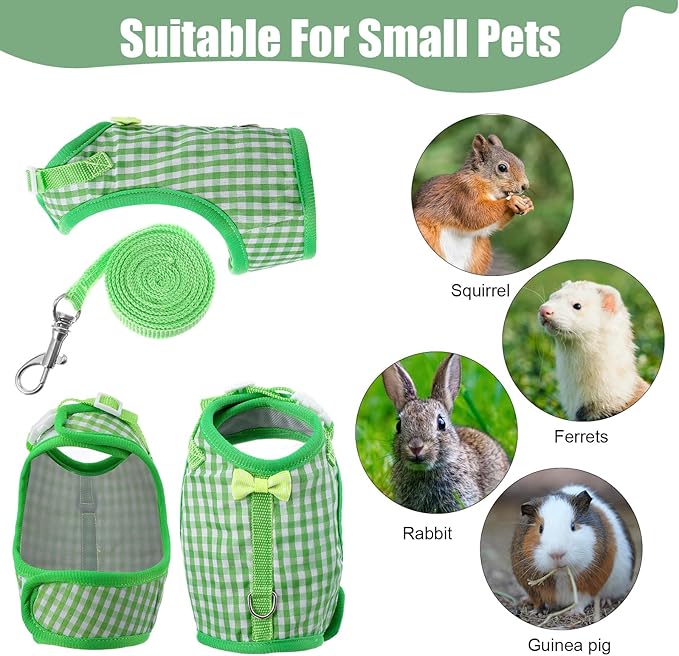 Guinea Pig Harness and Leash,Adjustable Guinea Pig Harness,Elastic Guineas Pigs Leash and Harnes,Ideal for Pet Hamster Squirrel Animals & Safe Pet Supervision(Green Plaid)