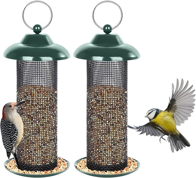 FEED GARDEN 2 Pack Bird Feeders for Outdoors Hanging Finch Feeder for Nyjer Thistle Seed Metal Mesh Tube Feeders Squirrel Proof 0.5 LB Green