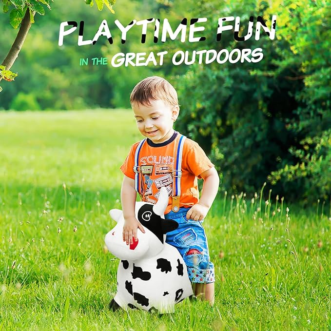 EVERICH TOY Bouncy Horse Cow Toys, Inflatable Bouncing Animal Hopping Toys, Outdoor Indoor Ride on Bouncer, Boys Girls Birthday Gift for 18 Month 2 3 4 5 6 Year Old Kid- Plush Cow Toy