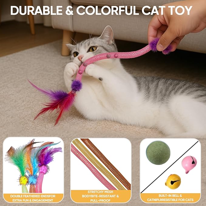 20PCS Interactive Cat Toys t for Indoor Cats, Feather Elastic Mesh, Catnip Ball, Colorful Spring, Rainbow Plush, Teething & Self-Play Kitten Accessories Variety Pack