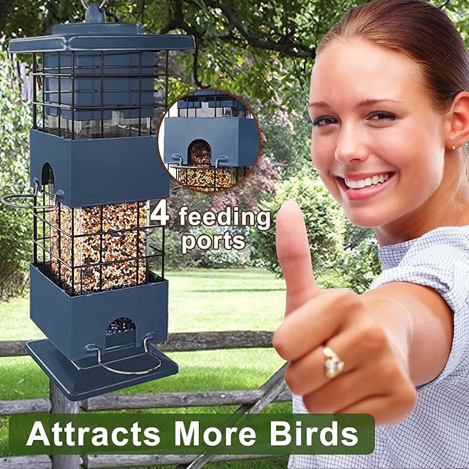 Squirrel Proof Bird Feeder, Metal Bird Feeders for Outdoors, 3 Lbs Birdfeeder Outside Hanging, Weight Activated Spring, 4 Feeding Ports, Cardinals, Finches & Sparrows, Wild Birds, Blue