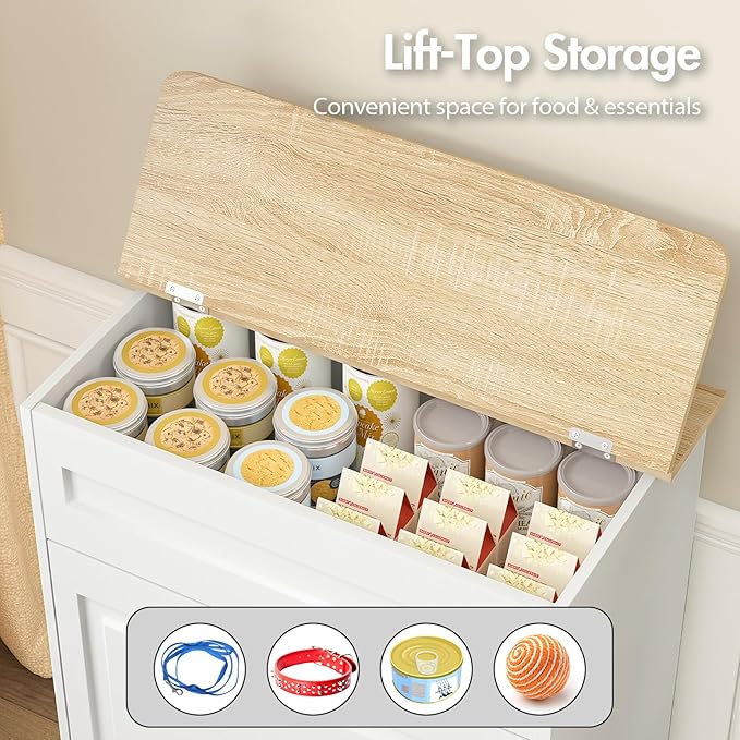 Dog Feeding Station with Storage Cabinet, Hidden Elevated Bowls for Medium & Large Dogs, Dog Food Cabinet Organizer with Hooks for Pet Supplies, Slow Feeder & Stainless Steel Bowls (White)