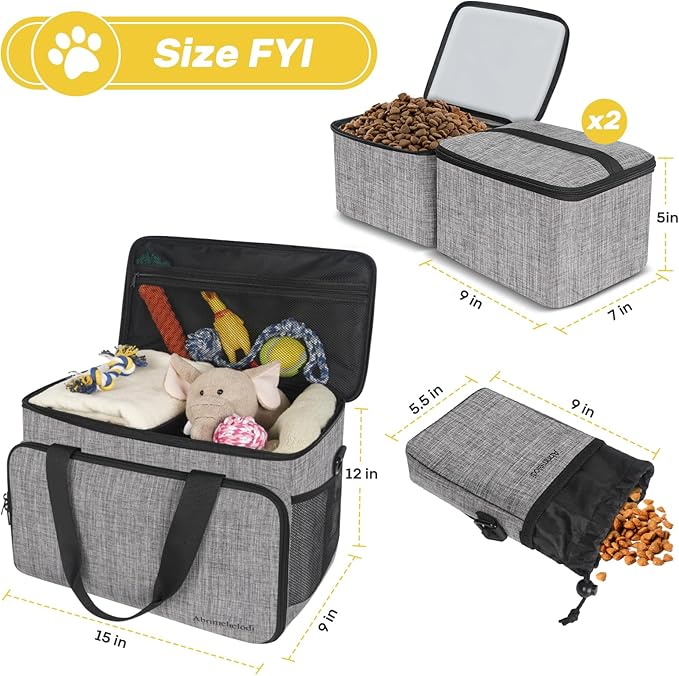 6 Set Dog Travel Bag, Large Pet Travel Kit for Supplies Includes 2 Food Containers, 1 Pet Organizer for Dogs, 2 Collapsible Bowls, 1 Treat Pouch, Dog Weekend Overnight Bag Luggage