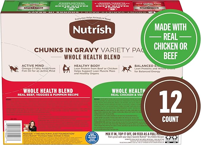Nutrish Whole Health Blend Chunks in Gravy Variety Pack Wet Dog Food, 13 oz. Can, 12 Count (Rachael Ray)