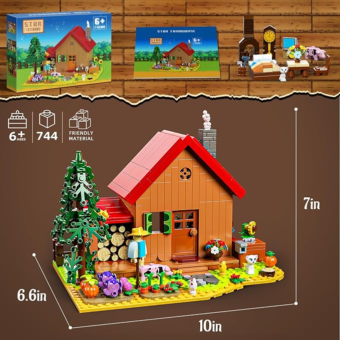 Star Farmhouse Building Blocks Set Toy, with Farm Facilities and Small Animal Figures, DIY Valley House Building Kit for Adults and Kids, Gift for Girls and Boys Ages 6 Plus