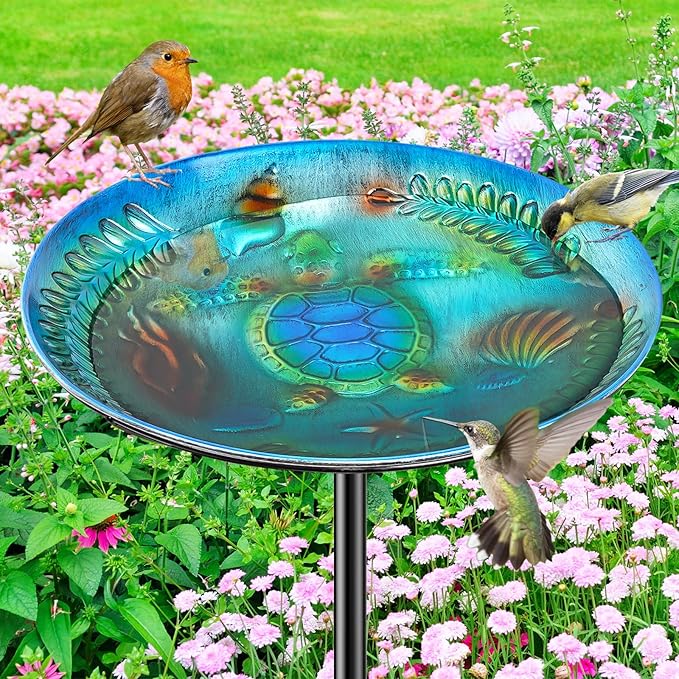 Metal Bird Bath for Outside Feeder Bowl, Detachable Birdbath & Birdfeeder with Base Stake, Vintage Bird Baths for Outdoors Garden Yard Lawn Decor (Blue)