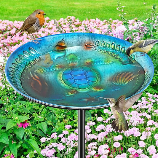 Metal Bird Bath for Outside Feeder Bowl, Detachable Birdbath & Birdfeeder with Base Stake, Vintage Bird Baths for Outdoors Garden Yard Lawn Decor (Blue)