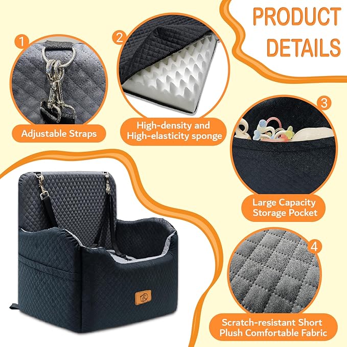 Memory Foam Dog Booster Seat Under 35 lbs, Medium Dog Car Seat, Comfortable Hi-Density Sponge Car Bed for Small/Medium Pets,Detachable and Washable Pet Travel Bed with 2 Adjustable Safety Belt